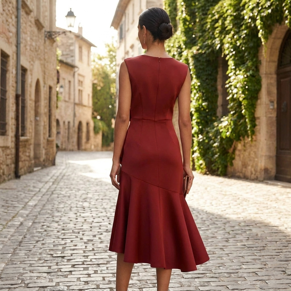 Vestito midi in raso da donna | Elegante design asimmetrico con volant
