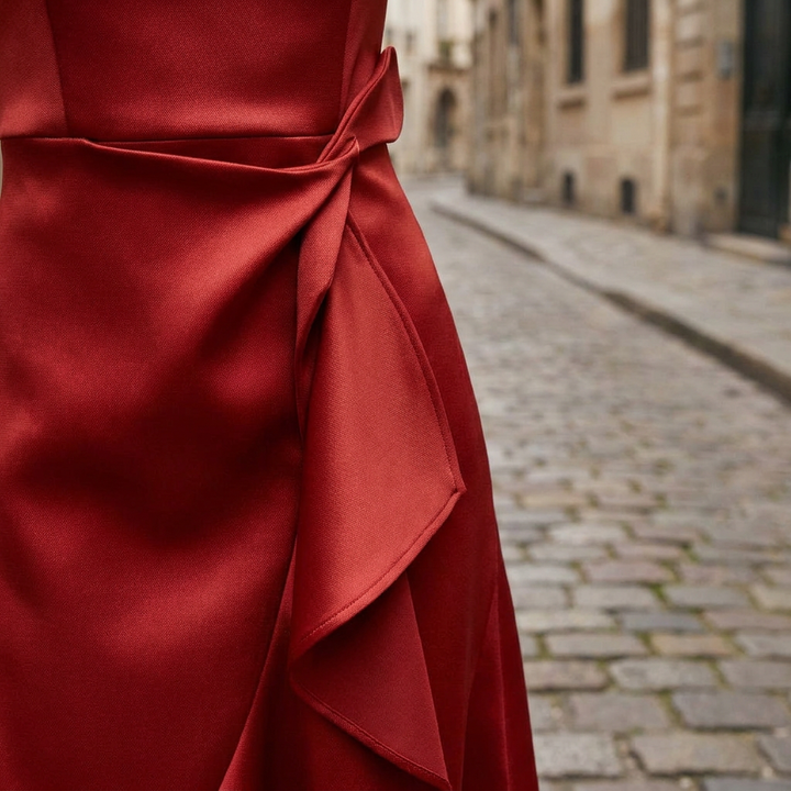Vestito midi in raso da donna | Elegante design asimmetrico con volant