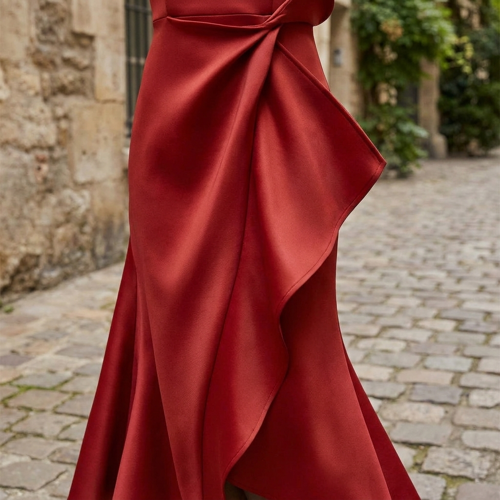 Vestito midi in raso da donna | Elegante design asimmetrico con volant