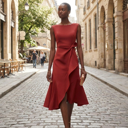 Women's Satin Midi Dress | Elegant Asymmetrical Ruffled Design