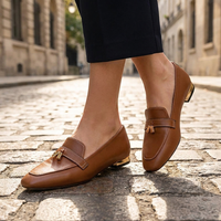 Women's Leather Ballet Flats with Gold Closure Detail, Round Toe, Low Heel, Casual Office