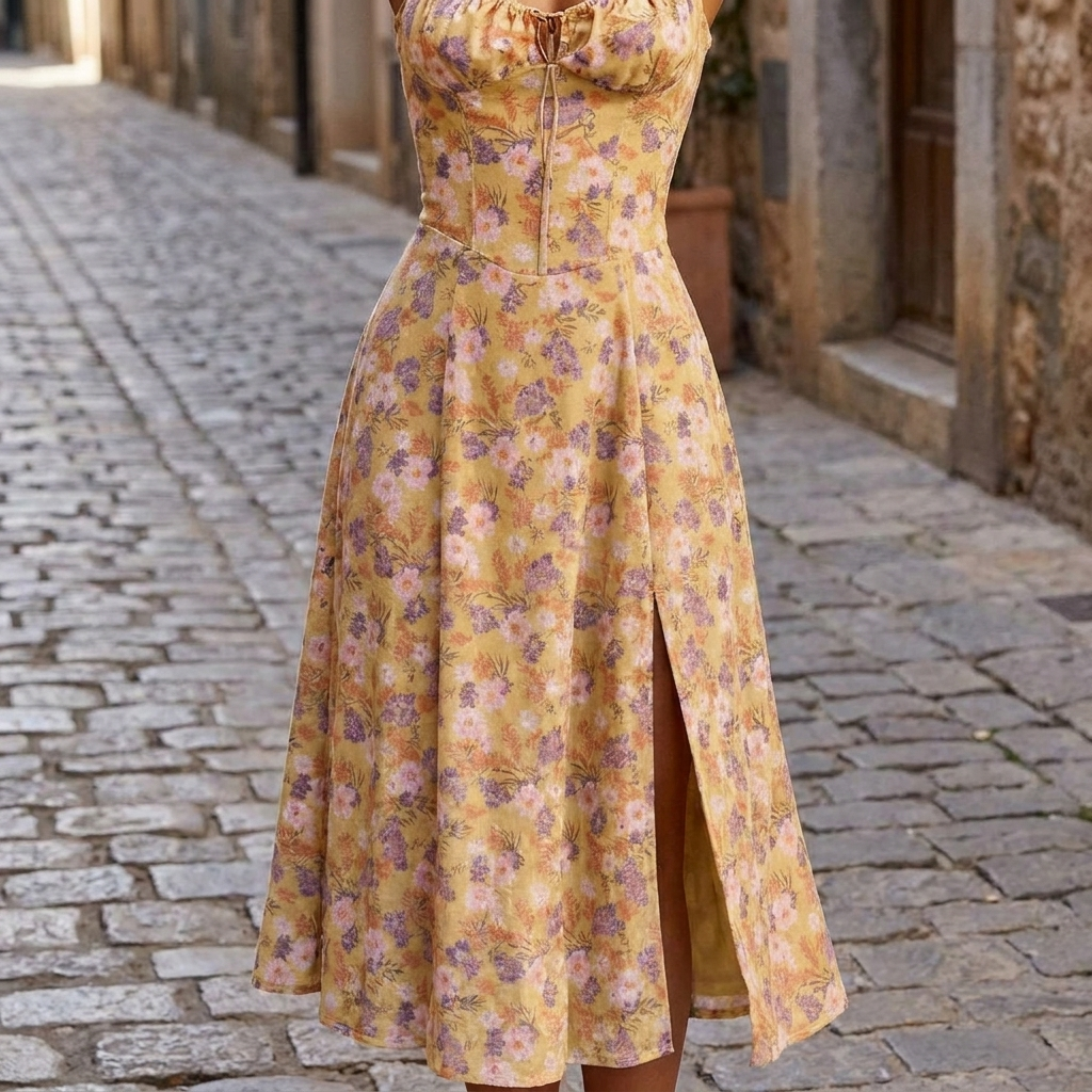 Abito midi da donna in velluto intrecciato | Elegante outfit estivo senza maniche e svasato  