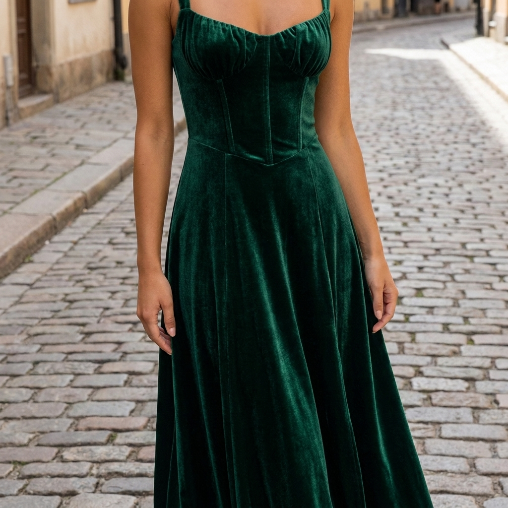 Abito midi da donna in velluto intrecciato | Elegante outfit estivo senza maniche e svasato  