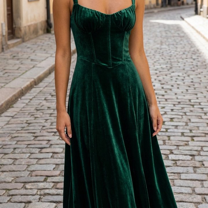 Abito midi da donna in velluto intrecciato | Elegante outfit estivo senza maniche e svasato  