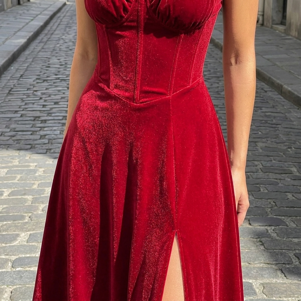 Abito midi da donna in velluto intrecciato | Elegante outfit estivo senza maniche e svasato  