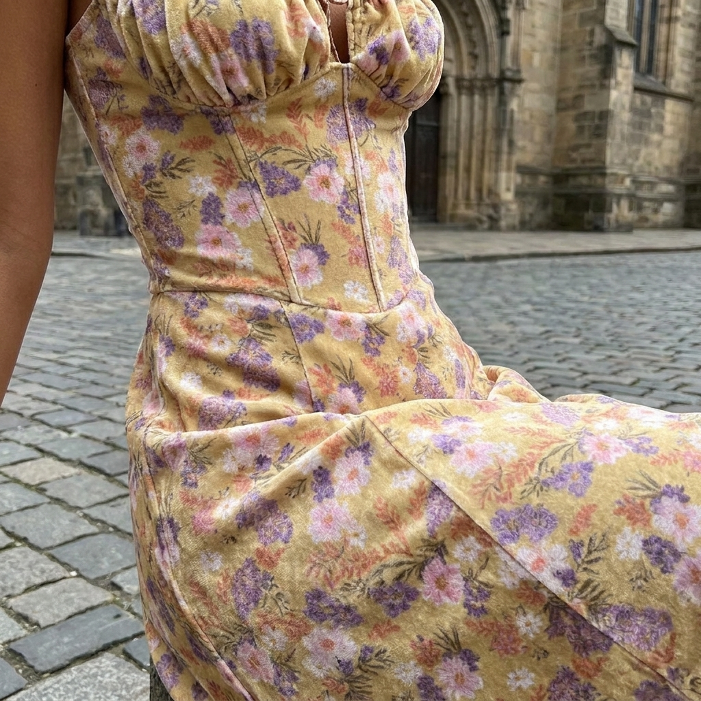Abito midi da donna in velluto intrecciato | Elegante outfit estivo senza maniche e svasato  