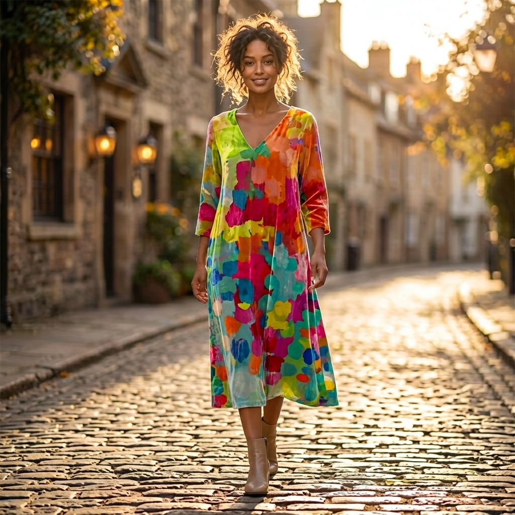 Vestito midi da donna in velluto floreale | Comodo, ampio, con scollo a V e maniche a tre quarti