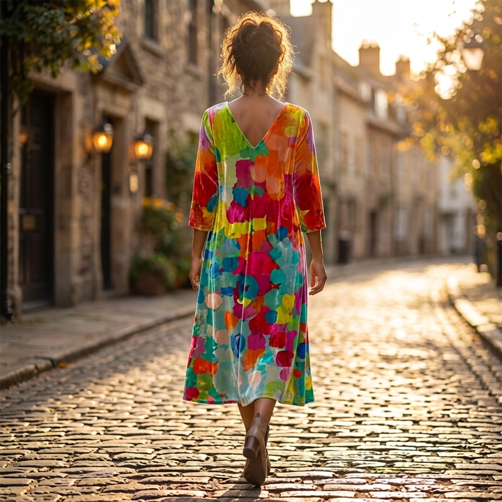Vestito midi da donna in velluto floreale | Comodo, ampio, con scollo a V e maniche a tre quarti