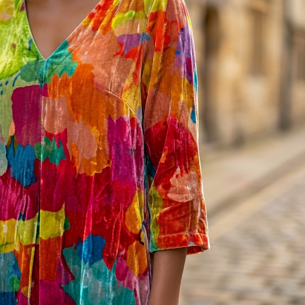 Vestito midi da donna in velluto floreale | Comodo, ampio, con scollo a V e maniche a tre quarti