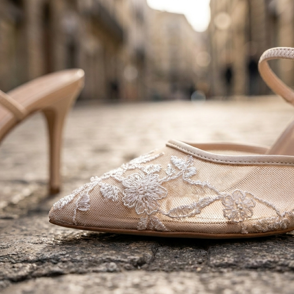 Décolleté da donna in rete ricamata con punta a punta e tacco a spillo slip-on