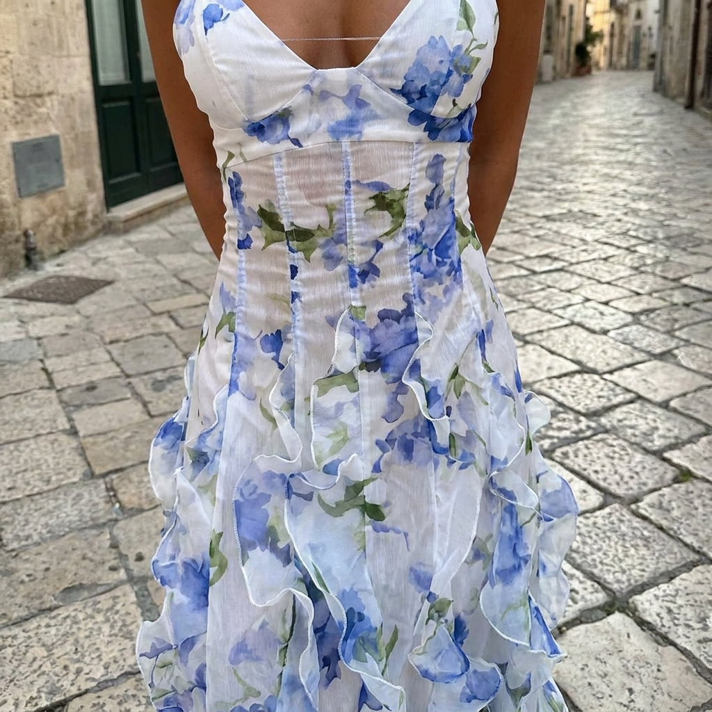Abito maxi leggero da donna con fantasia floreale | Elegante abito estivo senza maniche  