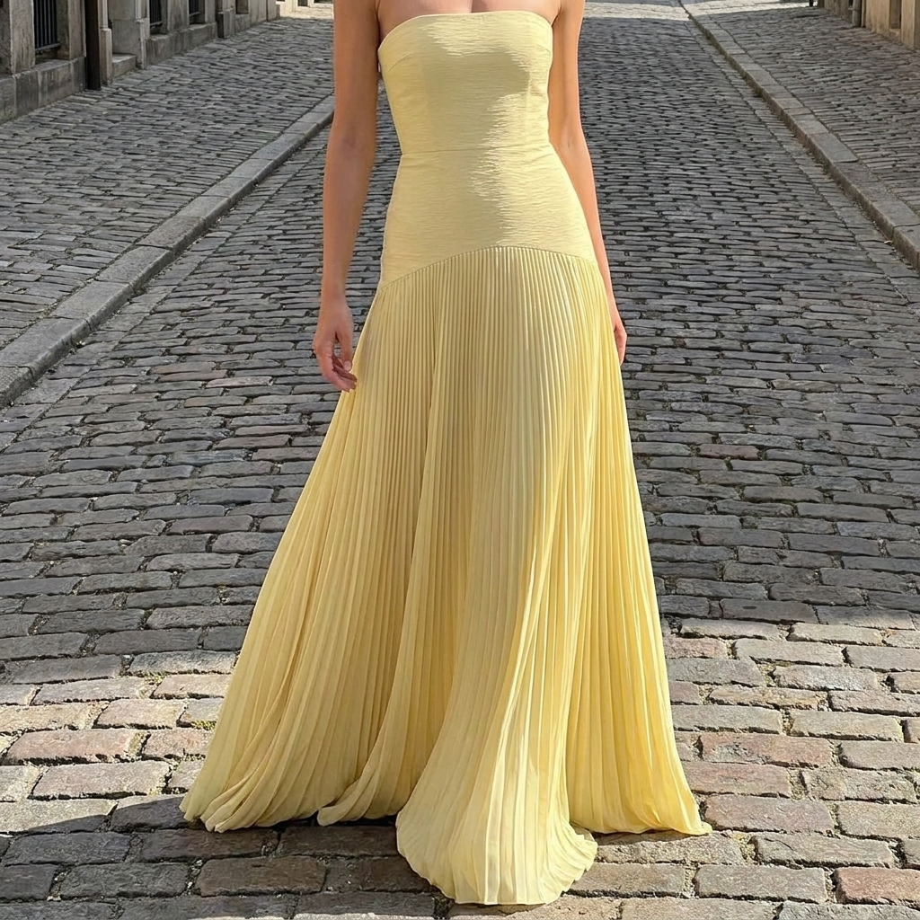 Abito maxi plissettato da donna | Elegante abito da sera senza spalline  