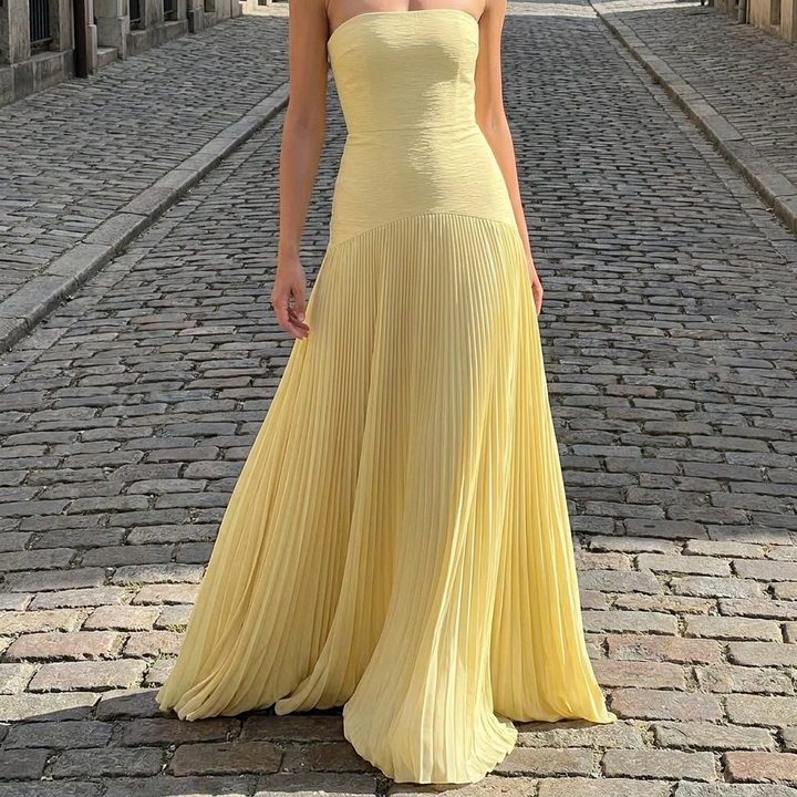 Abito maxi plissettato da donna | Elegante abito da sera senza spalline  