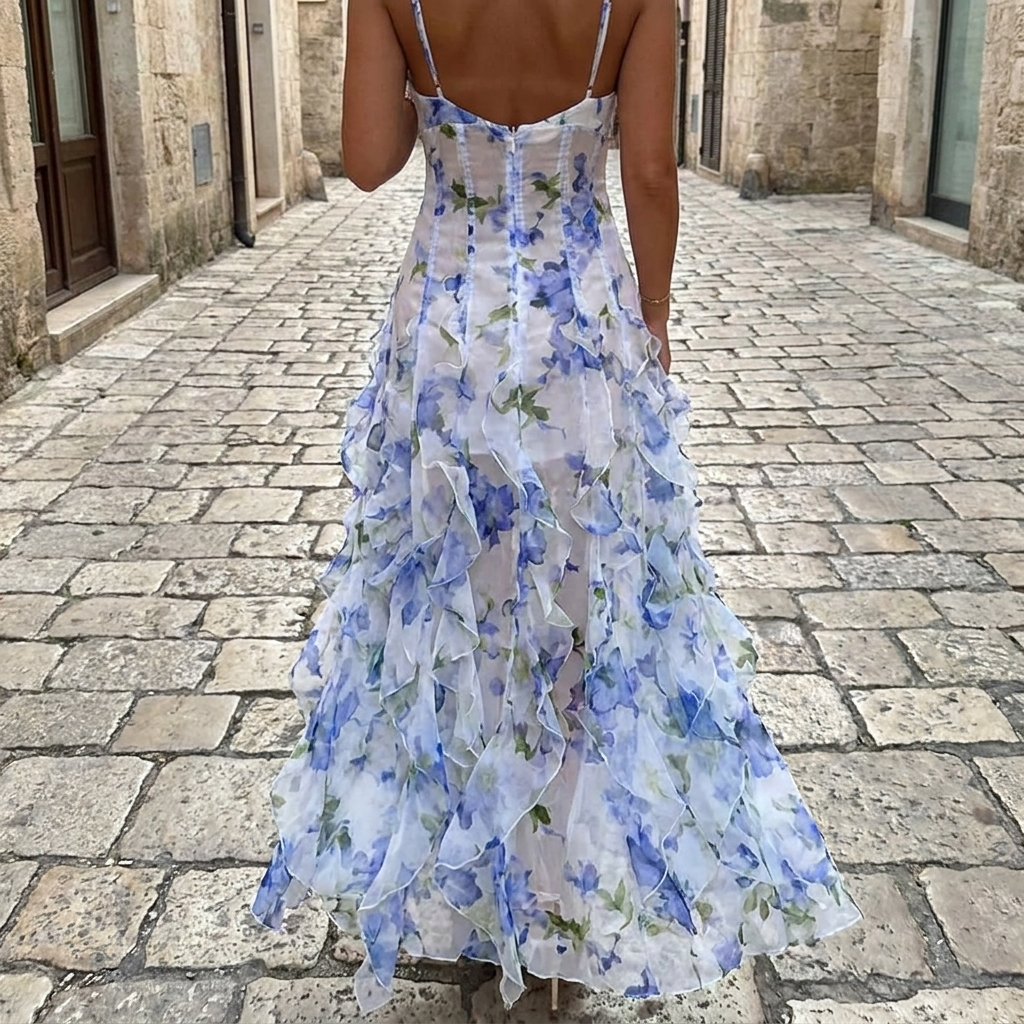 Abito maxi leggero da donna con fantasia floreale | Elegante abito estivo senza maniche  