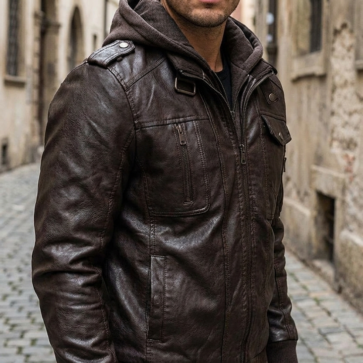 Giacca in pelle vintage da uomo calda con cappuccio, bomber senza maniche e maniche lunghe  