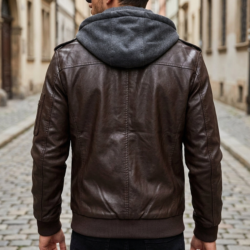 Giacca in pelle vintage da uomo calda con cappuccio, bomber senza maniche e maniche lunghe  