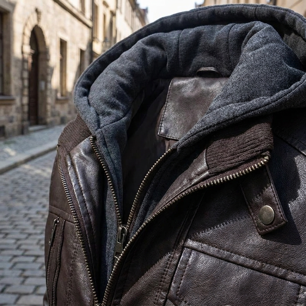 Giacca in pelle vintage da uomo calda con cappuccio, bomber senza maniche e maniche lunghe  