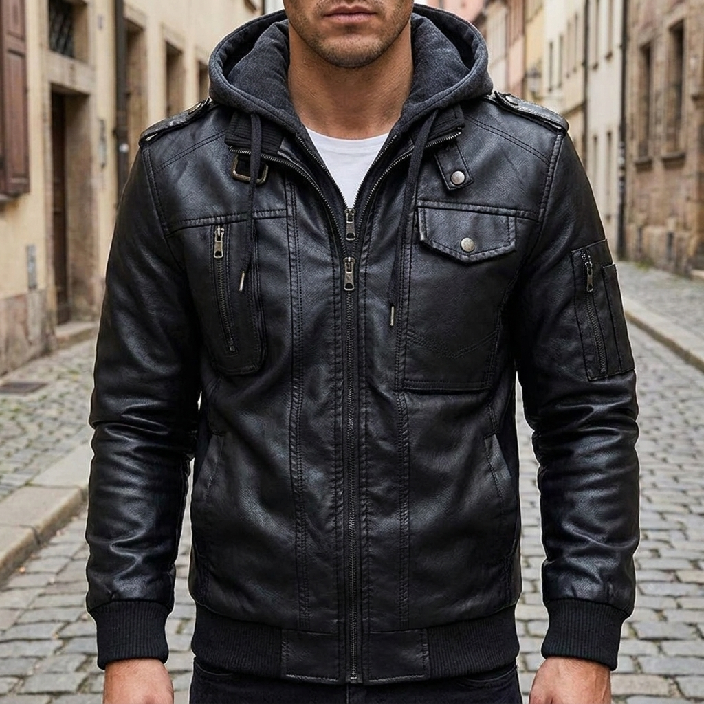 Giacca in pelle vintage da uomo calda con cappuccio, bomber senza maniche e maniche lunghe  