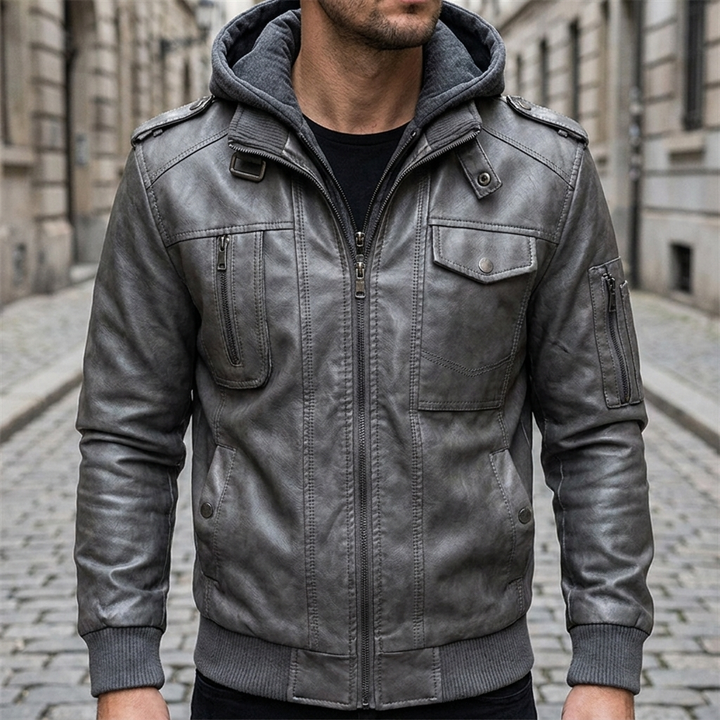 Giacca in pelle vintage da uomo calda con cappuccio, bomber senza maniche e maniche lunghe  