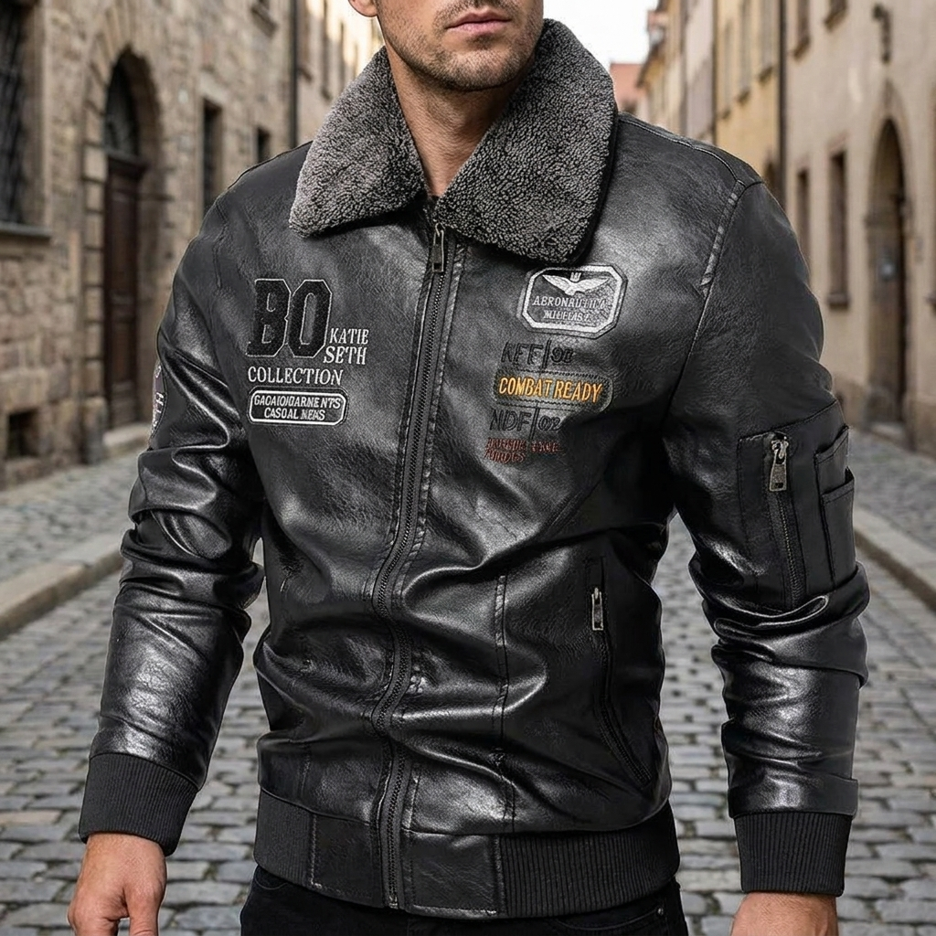 Giacca bomber in pelle da uomo slim fit con collo in pelliccia, giacca calda  