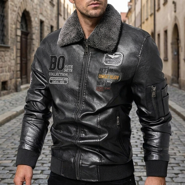 Giacca bomber in pelle da uomo slim fit con collo in pelliccia, giacca calda  