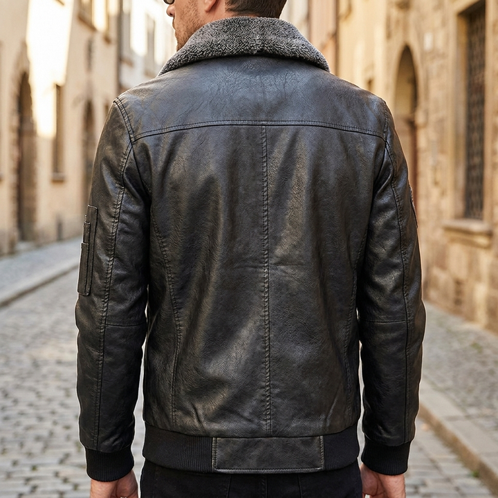 Giacca bomber in pelle da uomo slim fit con collo in pelliccia, giacca calda  