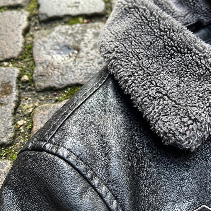Giacca bomber in pelle da uomo slim fit con collo in pelliccia, giacca calda  