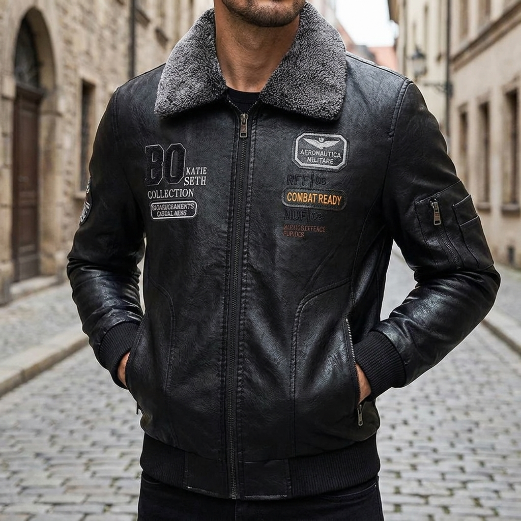 Giacca bomber in pelle da uomo slim fit con collo in pelliccia, giacca calda  
