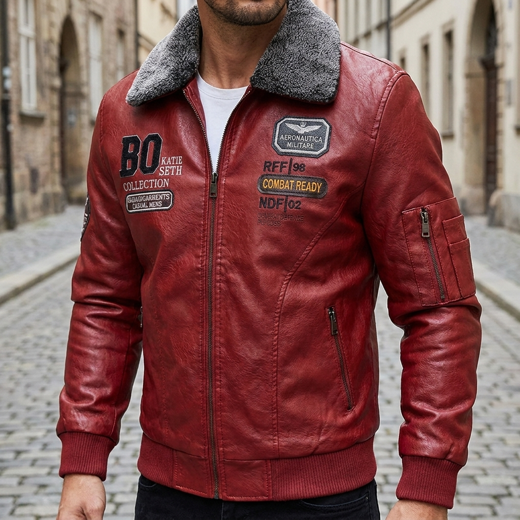 Giacca bomber in pelle da uomo slim fit con collo in pelliccia, giacca calda  