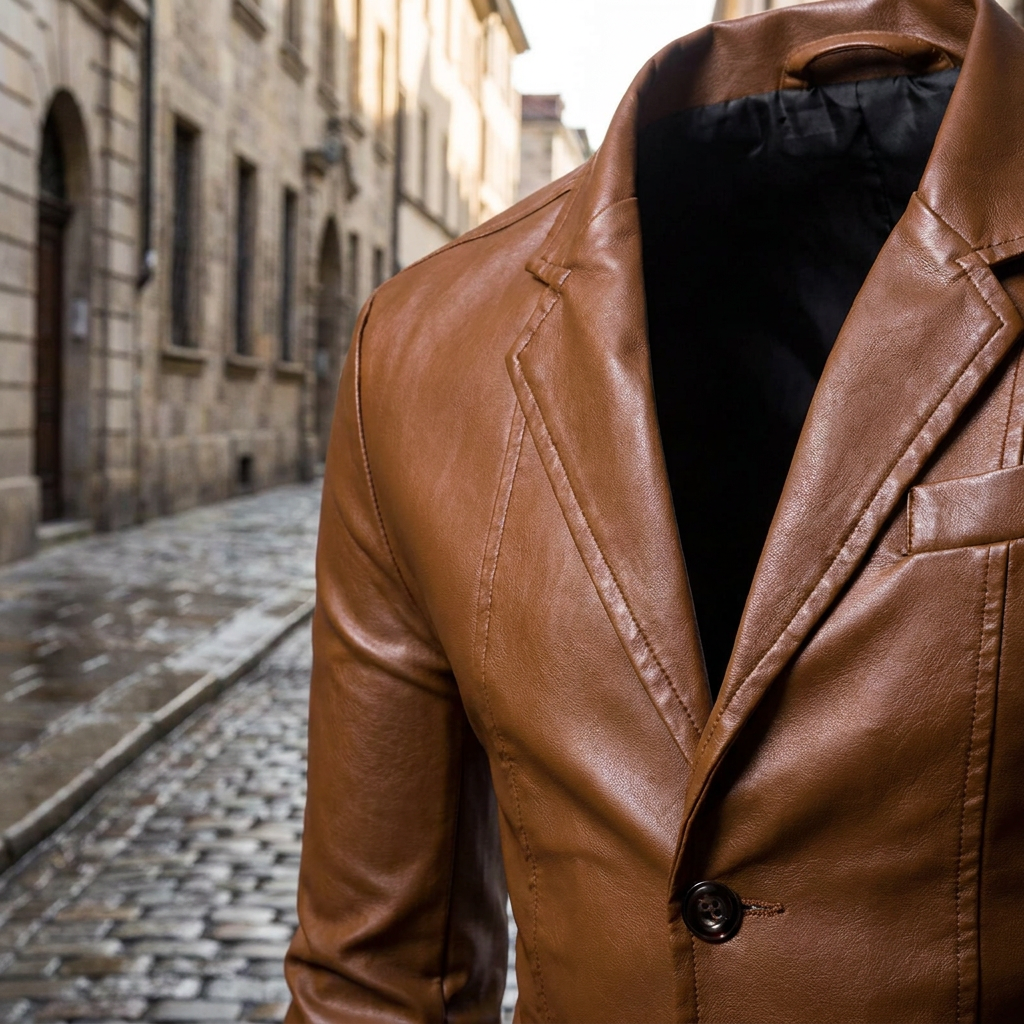 Giacca vintage in pelle da uomo slim fit con zip e tasche  