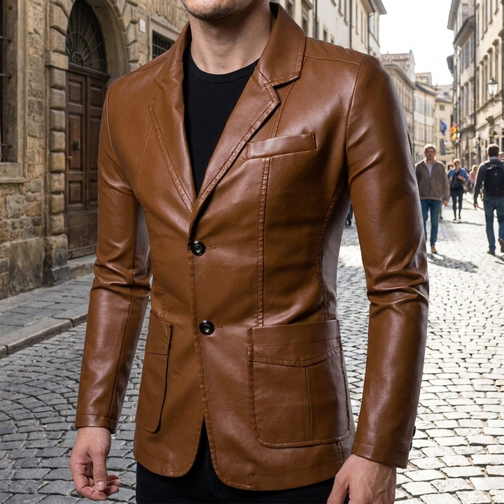 Giacca vintage in pelle da uomo slim fit con zip e tasche  