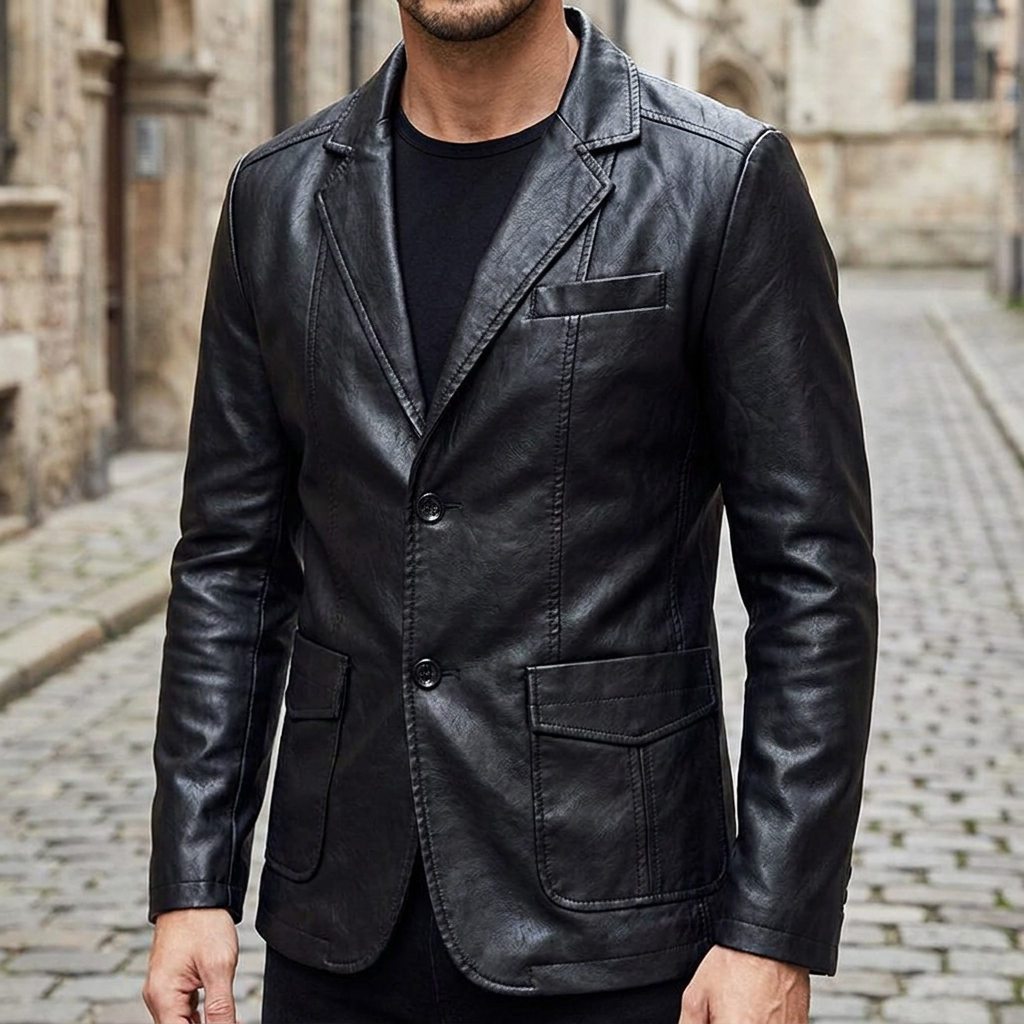 Giacca vintage in pelle da uomo slim fit con zip e tasche  