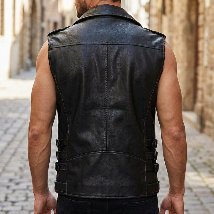 Giacca da uomo in pelle sintetica PU senza maniche con tasche con zip