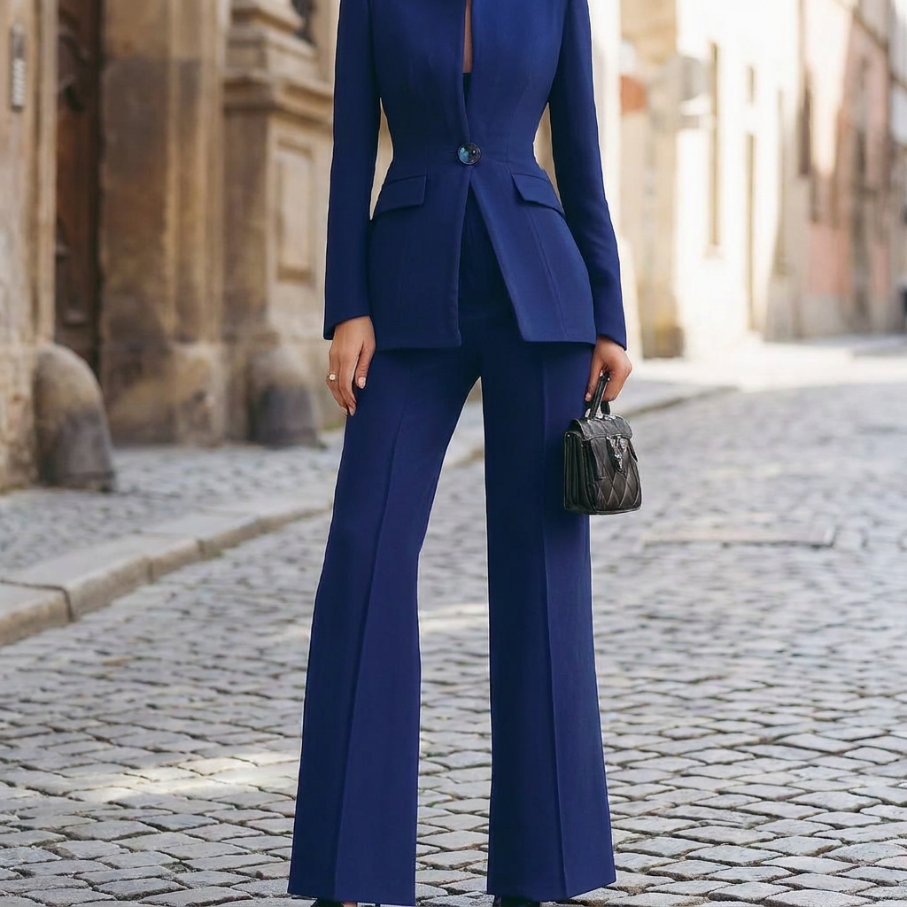 Completo blazer e pantaloni aderenti eleganti da donna con bottoni  