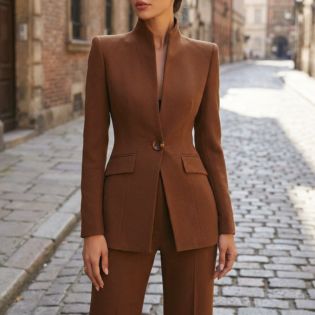 Completo blazer e pantaloni aderenti eleganti da donna con bottoni  