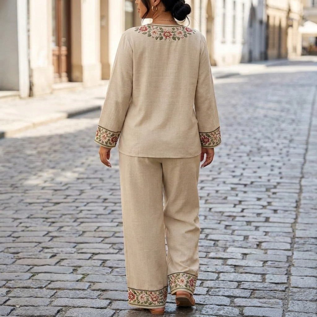 Completo donna con tuta etnica casual a stampa retrò, scollo a V e maniche lunghe, 2 pezzi  