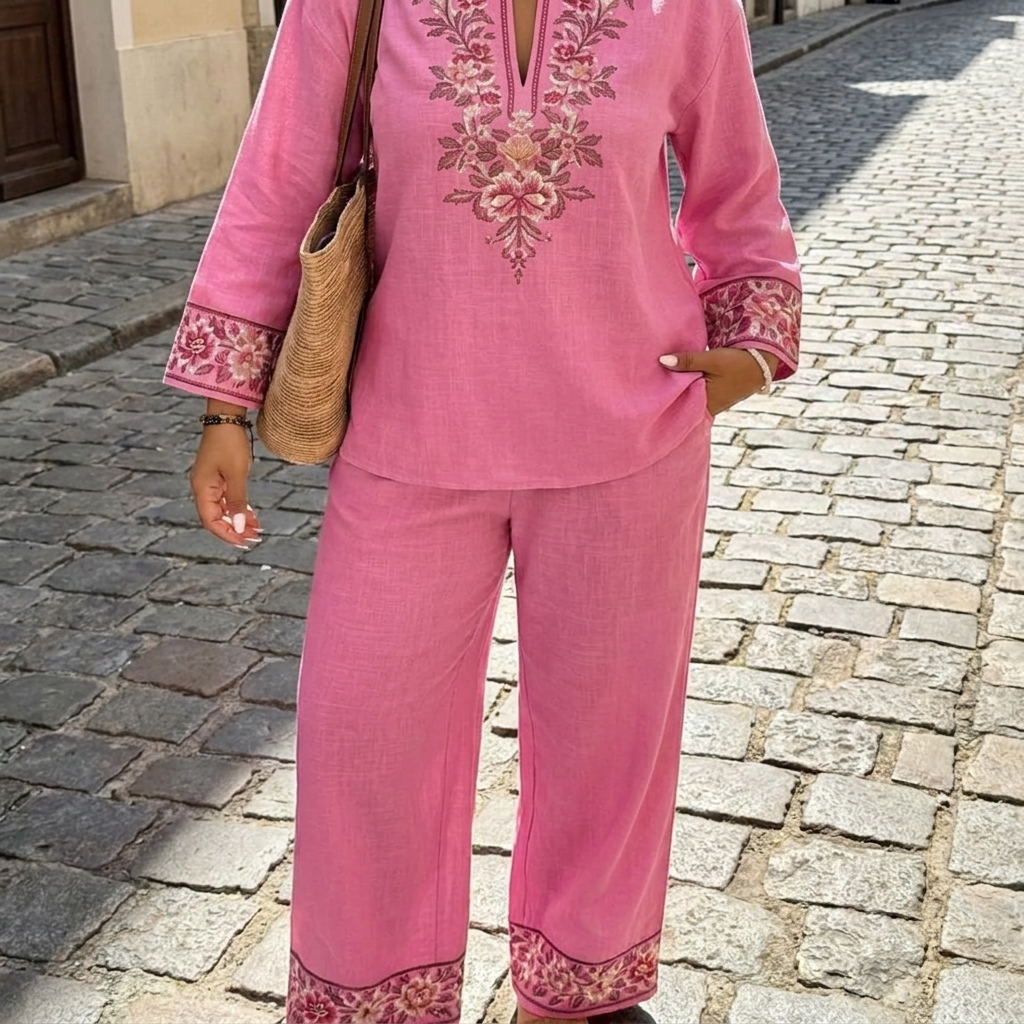 Completo donna con tuta etnica casual a stampa retrò, scollo a V e maniche lunghe, 2 pezzi  