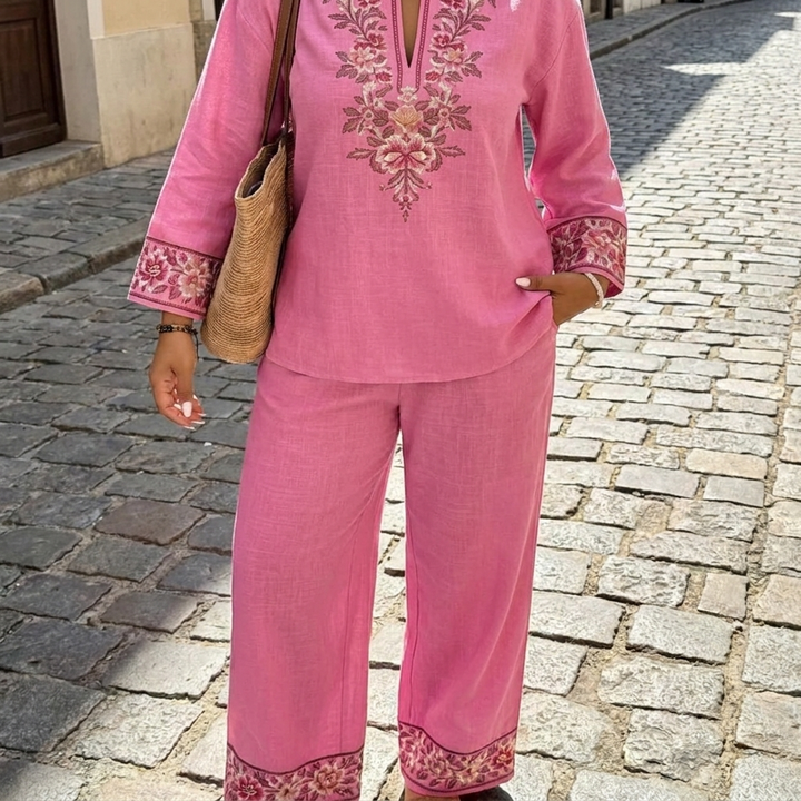Completo donna con tuta etnica casual a stampa retrò, scollo a V e maniche lunghe, 2 pezzi  