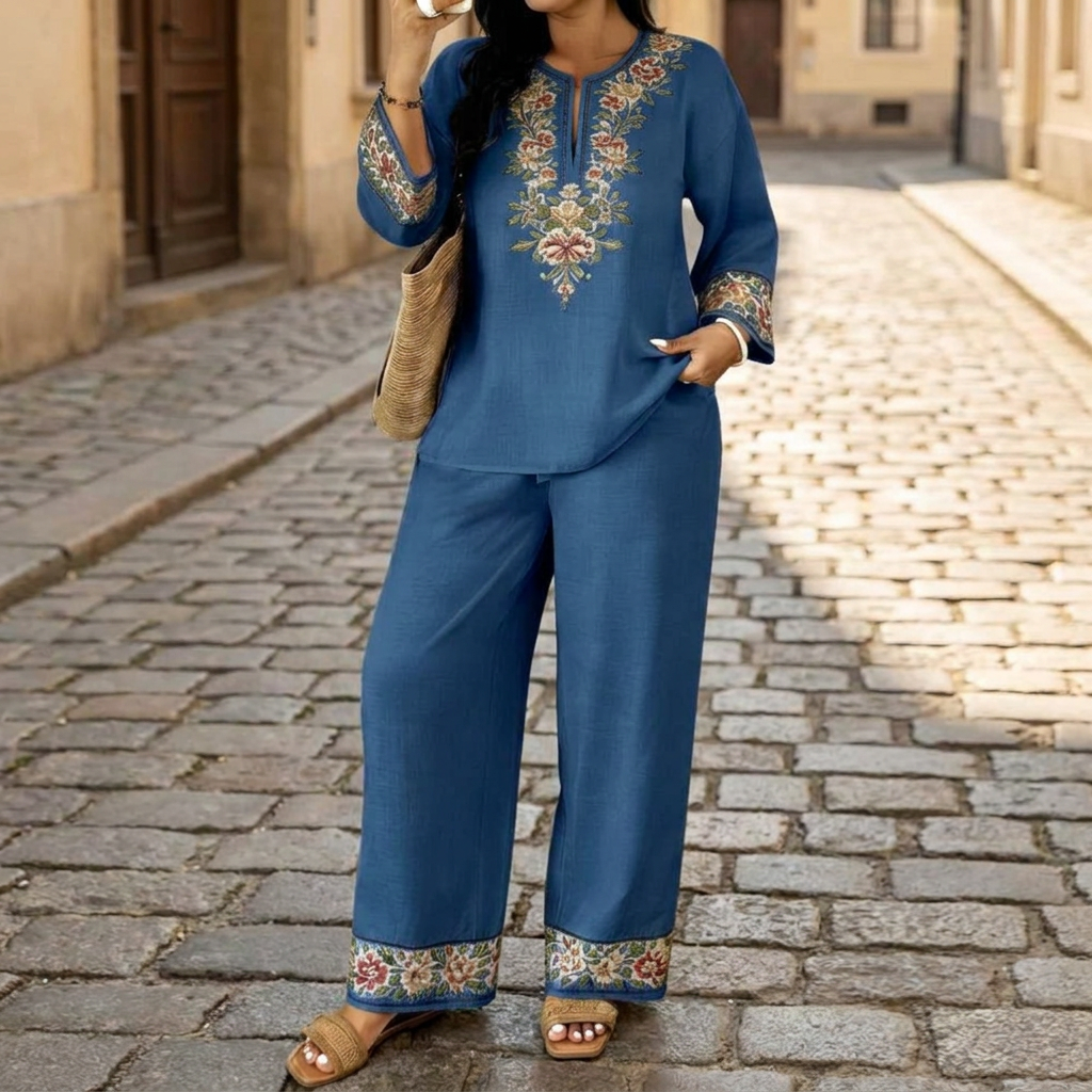 Completo donna con tuta etnica casual a stampa retrò, scollo a V e maniche lunghe, 2 pezzi  