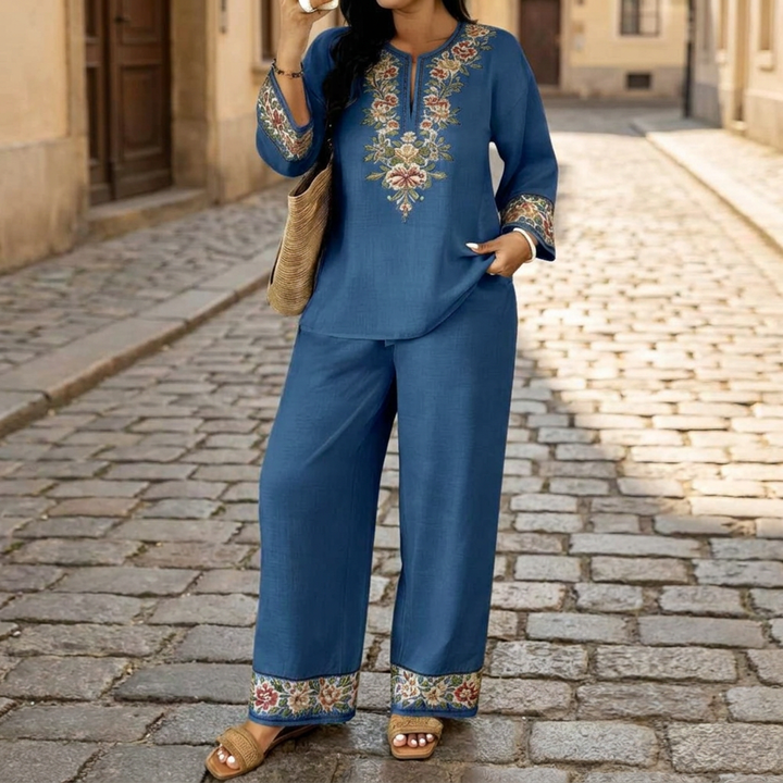 Completo donna con tuta etnica casual a stampa retrò, scollo a V e maniche lunghe, 2 pezzi  