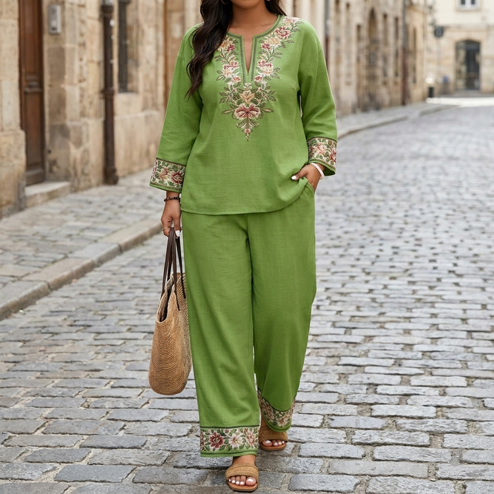 Completo donna con tuta etnica casual a stampa retrò, scollo a V e maniche lunghe, 2 pezzi  