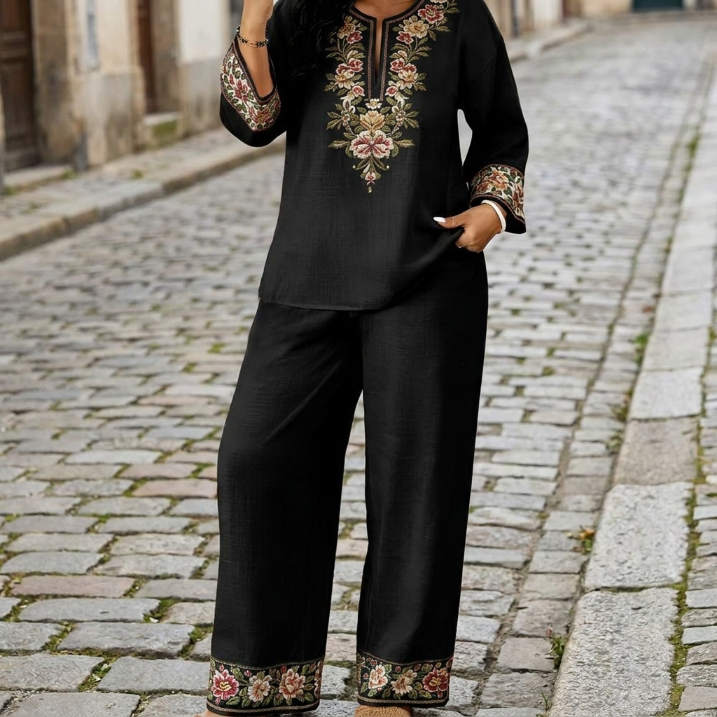 Completo donna con tuta etnica casual a stampa retrò, scollo a V e maniche lunghe, 2 pezzi  