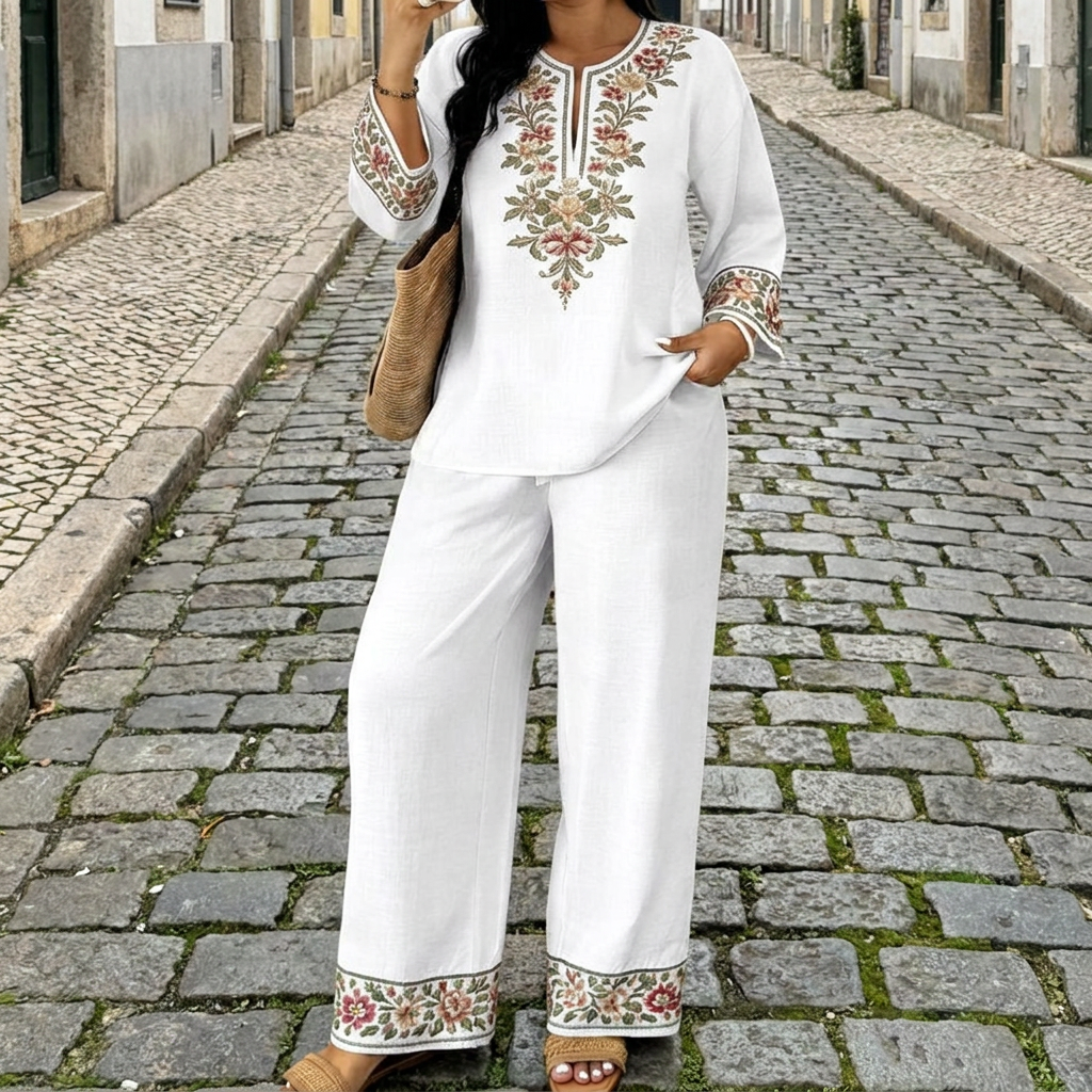 Completo donna con tuta etnica casual a stampa retrò, scollo a V e maniche lunghe, 2 pezzi  