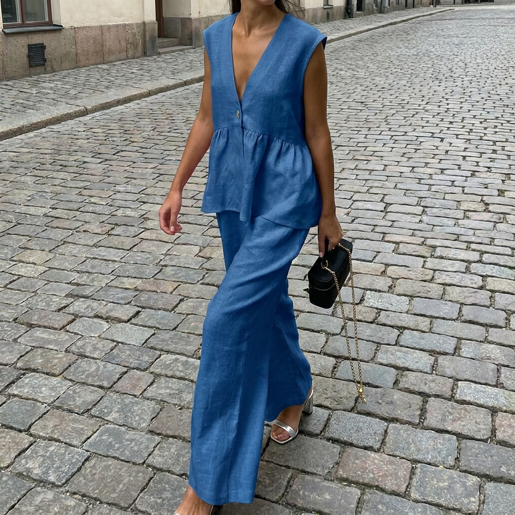 Completo donna con top senza maniche con volant e pantaloni larghi  