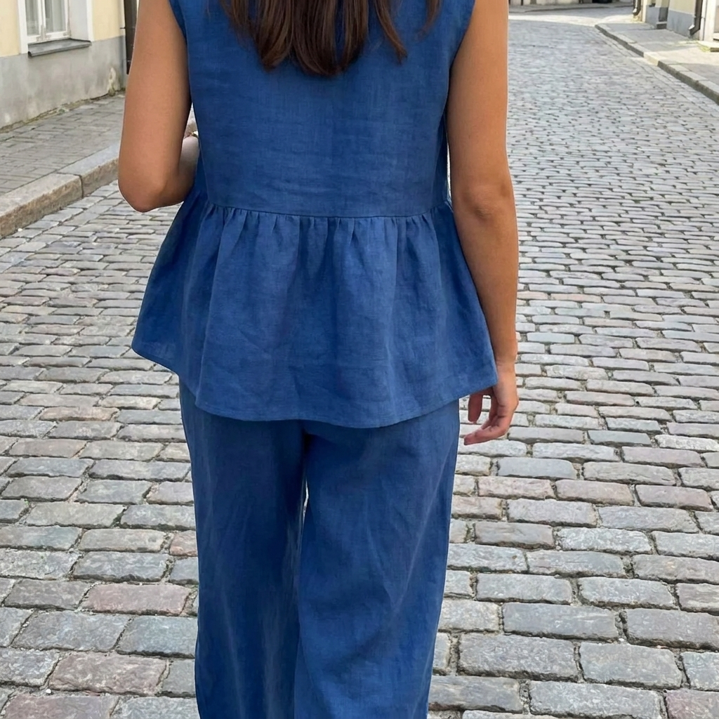 Completo donna con top senza maniche con volant e pantaloni larghi  