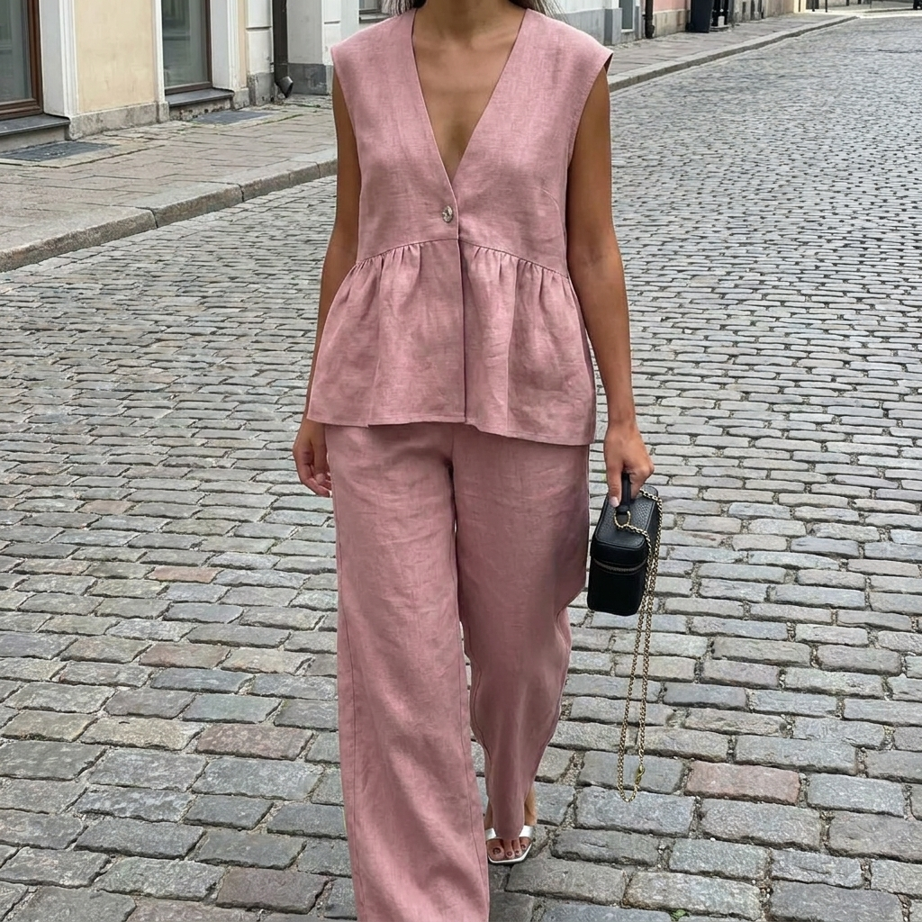 Completo donna con top senza maniche con volant e pantaloni larghi  