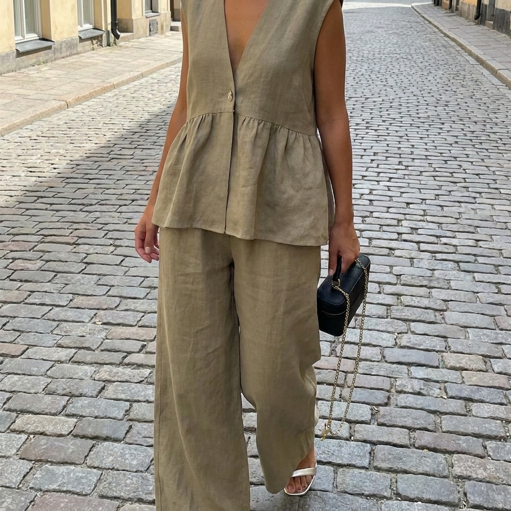 Completo donna con top senza maniche con volant e pantaloni larghi  