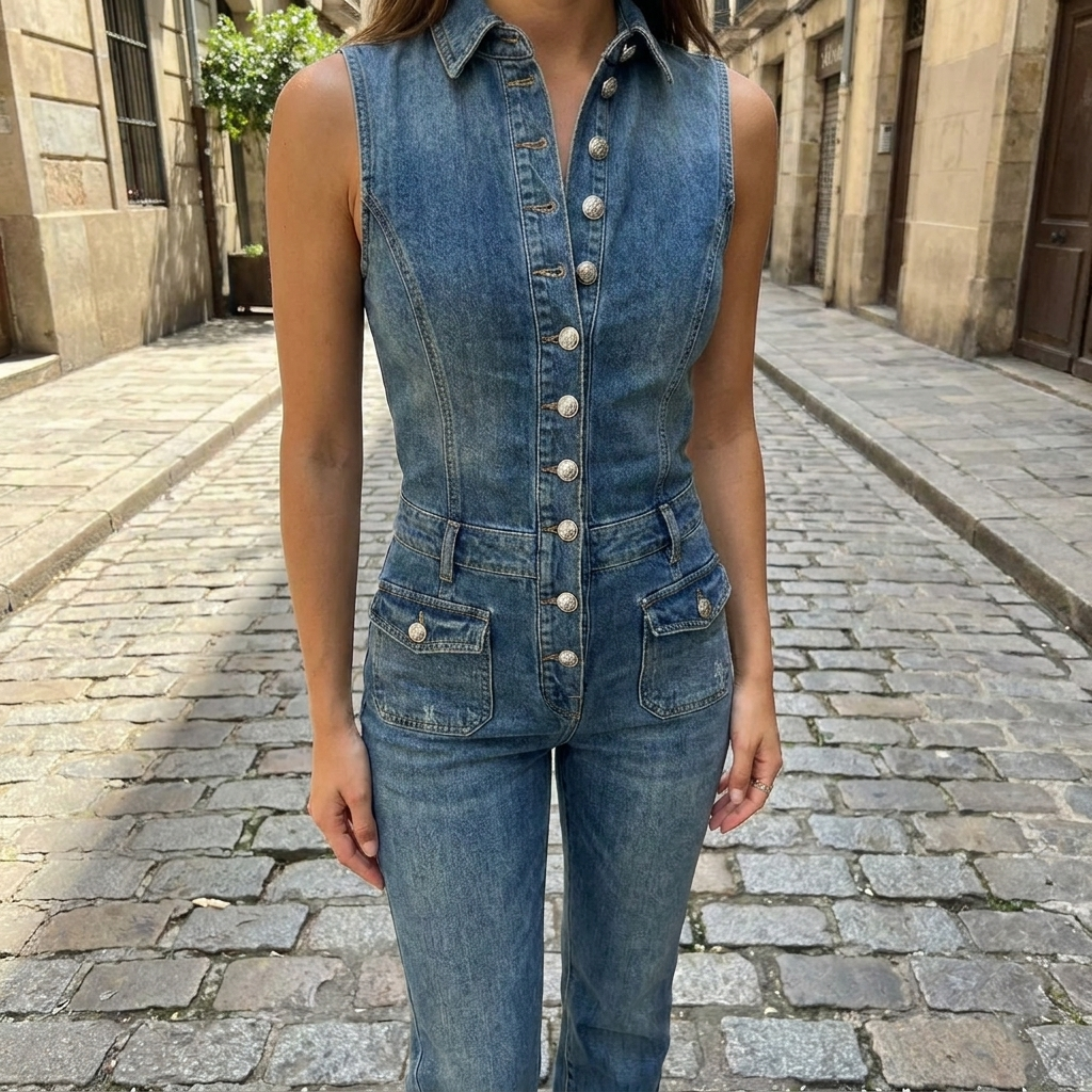 Stile estivo da donna in denim senza maniche con bottoni  