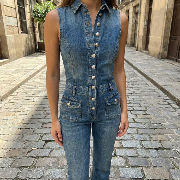 Stile estivo da donna in denim senza maniche con bottoni  