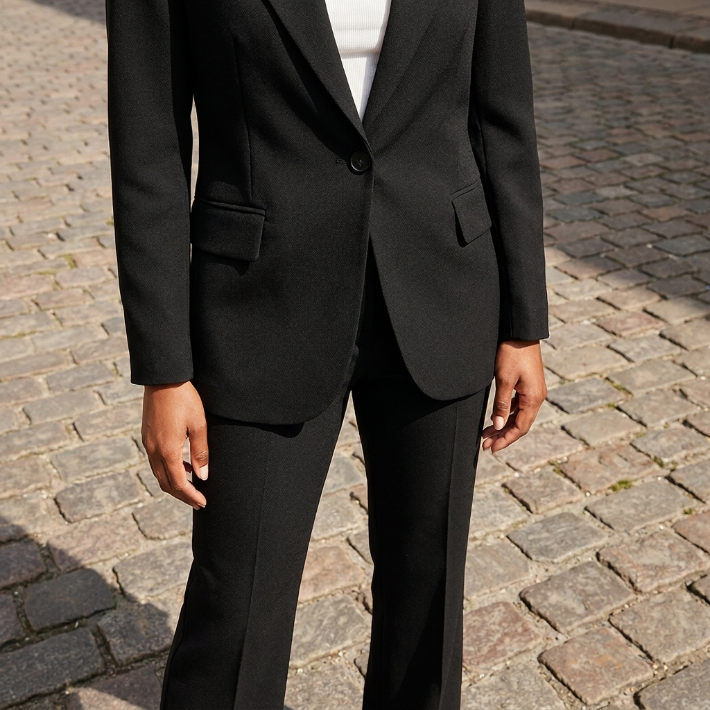 Completo elegante da donna in tessuto con blazer e pantaloni aderenti  
